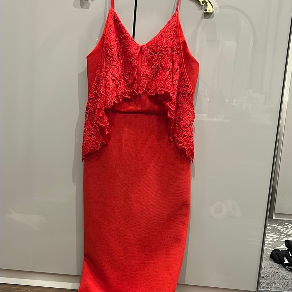 Red Ruffled Sheath Midi Dress - Picture 1 of 3